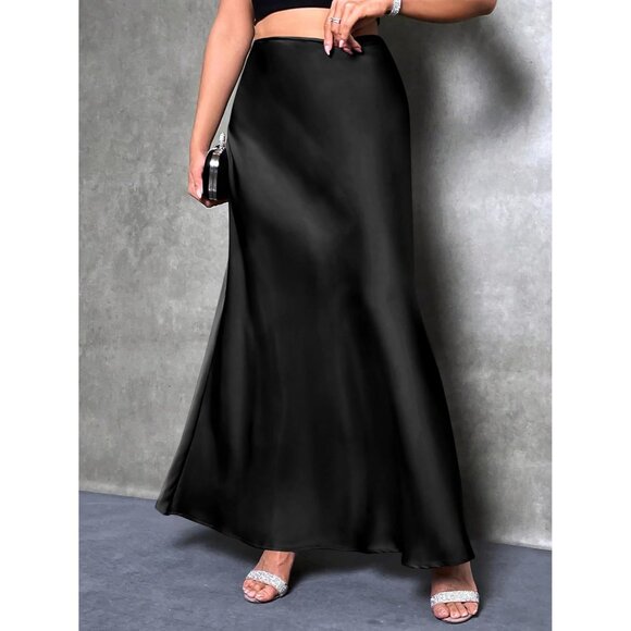 Women Black Maxi Dressy Casual Zipped High Waisted Flowy Silk Elegant Long Skirt - Picture 5 of 7